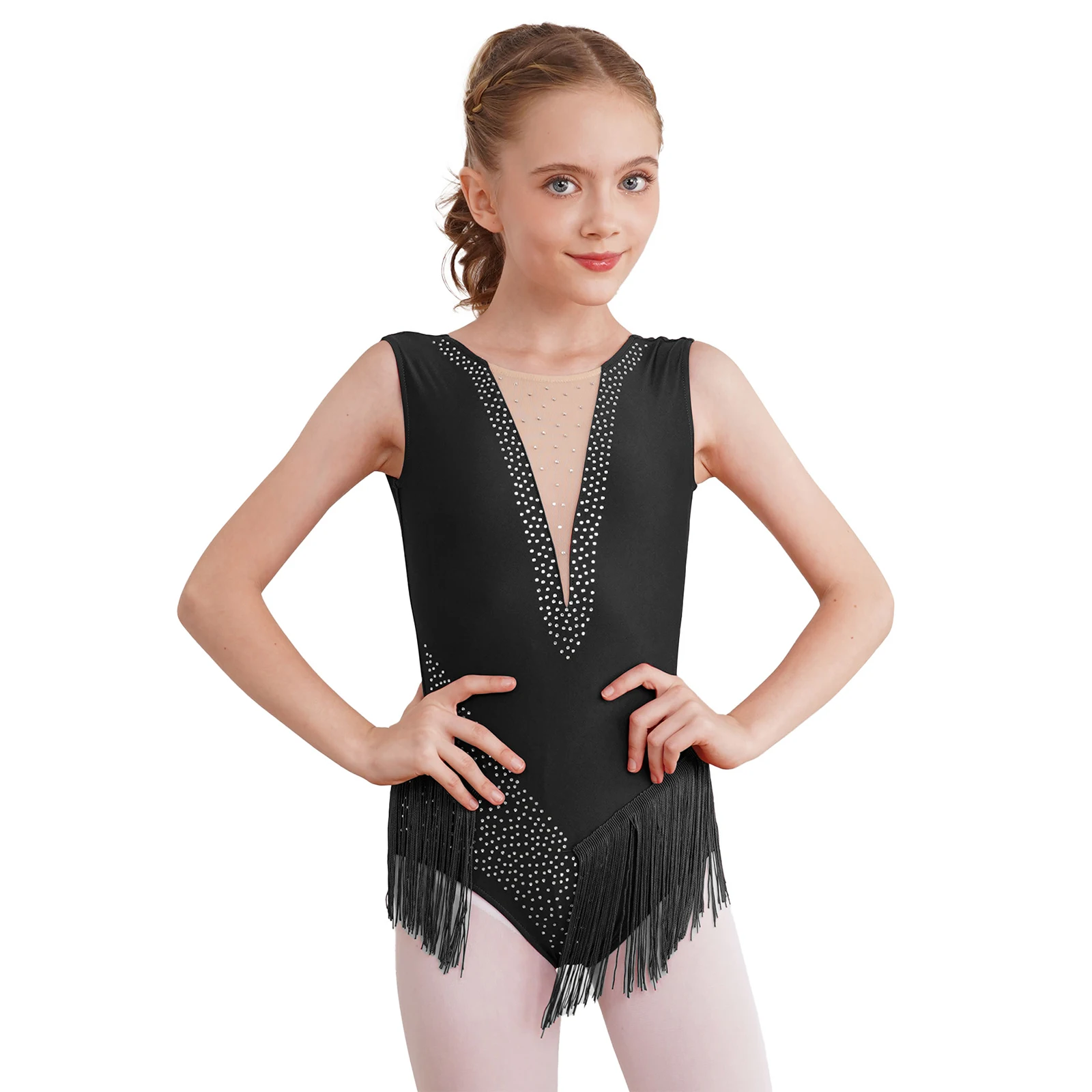 

2024 Kids Girls Tassel Latin Dance Leotard Dress Shiny Rhinestones Sleeveless Fringed Bodysuit Figure Skating Gymnastics Costume