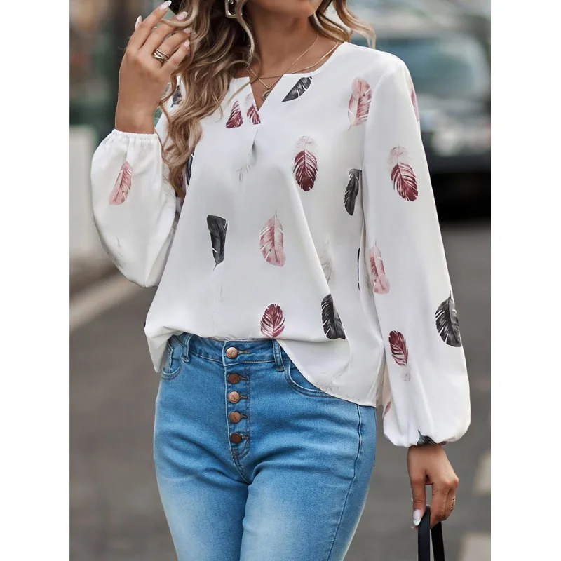 

Feather Printed Shirt Chiffon Shirt Women's Long Sleeved Top Autumn V-neck Loose Casual S-5XL Clothes Blusa Mujer 2023 New