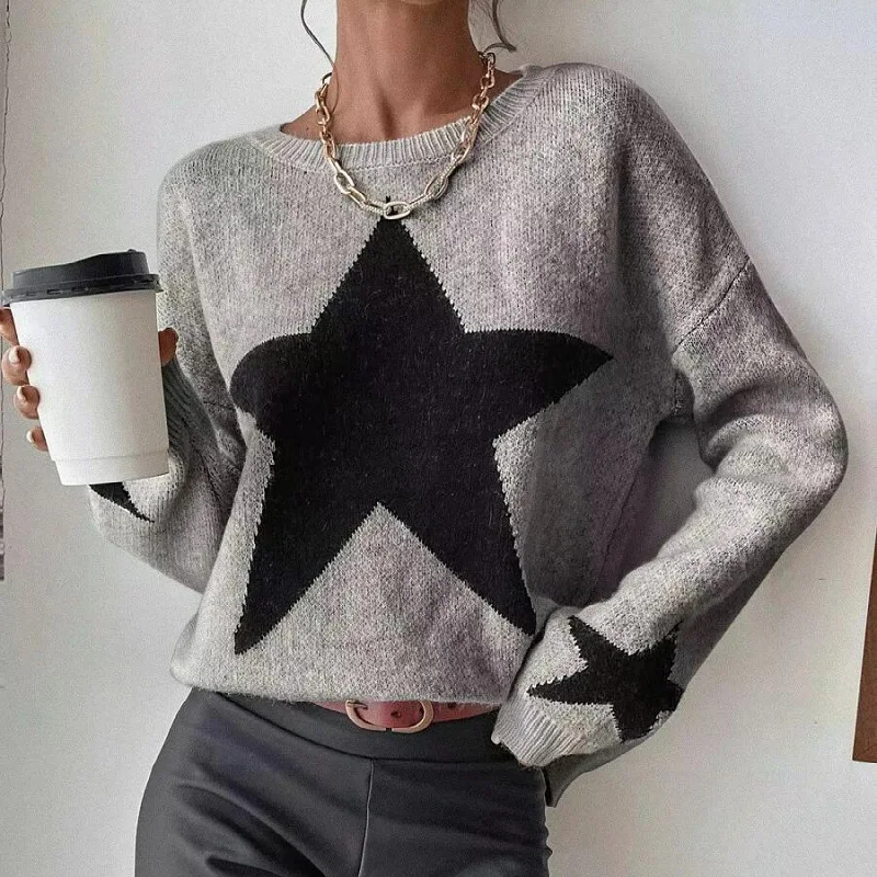 

Женский вязаный свитер со звездами, Свободный Повседневный плотный пуловер с круглым вырезом, элегантный модный свитер на осень-зиму, 2023