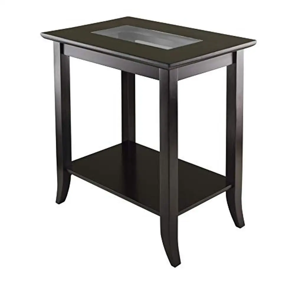 

Composite Wood End Table with Glass Top Dark Brown 25.04 x 23.94 x 16.3-Inch Lower Shelf Storage Rectangular Legs Curved Console