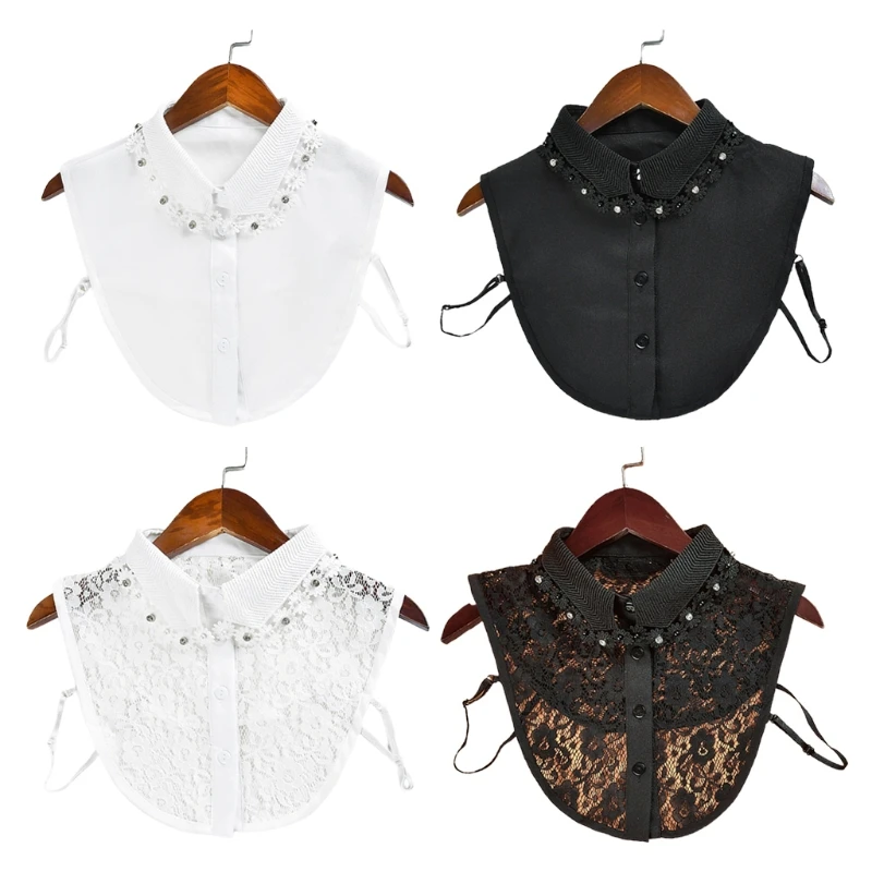 

Women for Rhinestone Pearl Beading Lapel False Fake Collar Luxurious Jewelry Floral Tassels Detachable Half Shirt Blouse