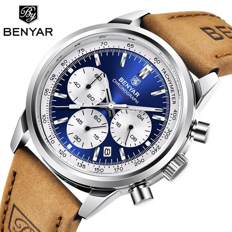 

Benyar 2023 New For Mens Watch Sports Chronograph Quartz WristWatch Military Auto Date Waterproof Clock Blue Dial Reloj Hombre