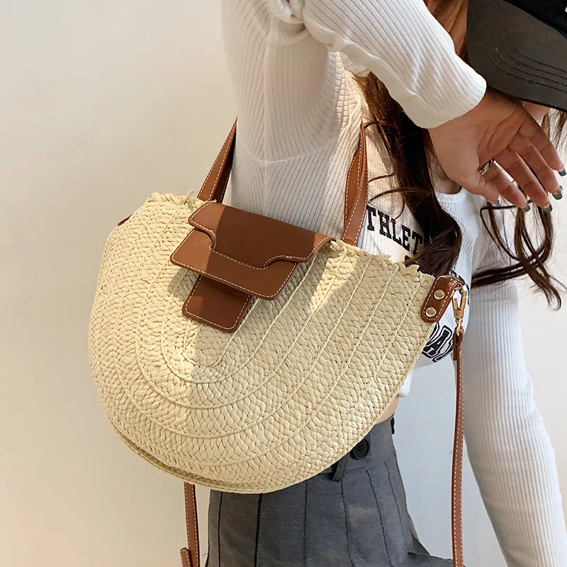 

2024 Women Summer Straw Bag Woven Beach Shoulder Bags Casual Designer Saddle Shopper Totes Female Large Capacity Travel Handbag