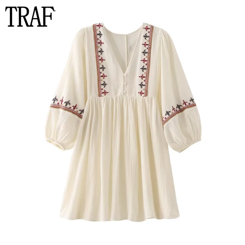 

TRAF Embroidery Short Dresses for Women Pleated Summer Dress Woman 2024 Puff Sleeve Beach Female Dress Holiday Mini Dress Women