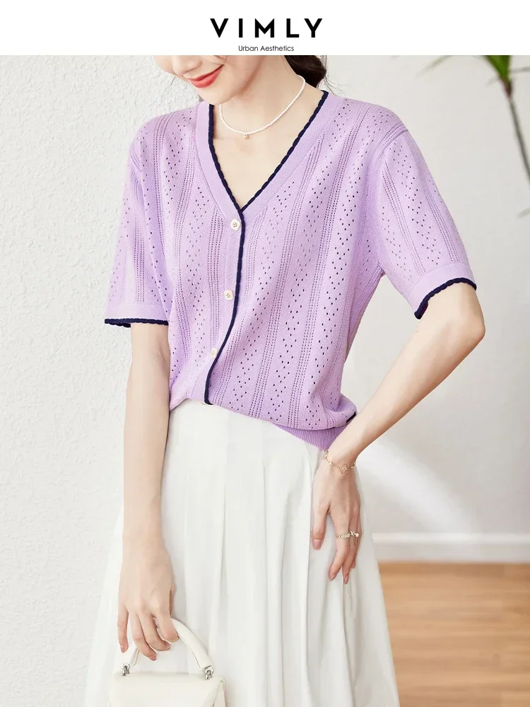

Vimly Ice Silk Short Sleeve V-neck Cardigan Knitwears Women 2023 French Hollow Out Contrast Color Summer Knit Top V Neck Sweater