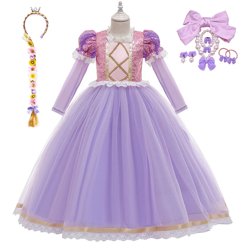 

Autumn Sophie Girls Dress Children Day Performance Birthday Princess Kids Costume for Kids Flower Purple Tulle Long Sleeve Gown