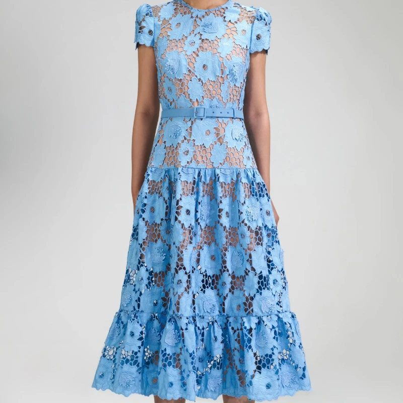 

2024 Spring Blue Sweet Hollow Out Holes Embroidery Short Sleeve Midi Dress for Women