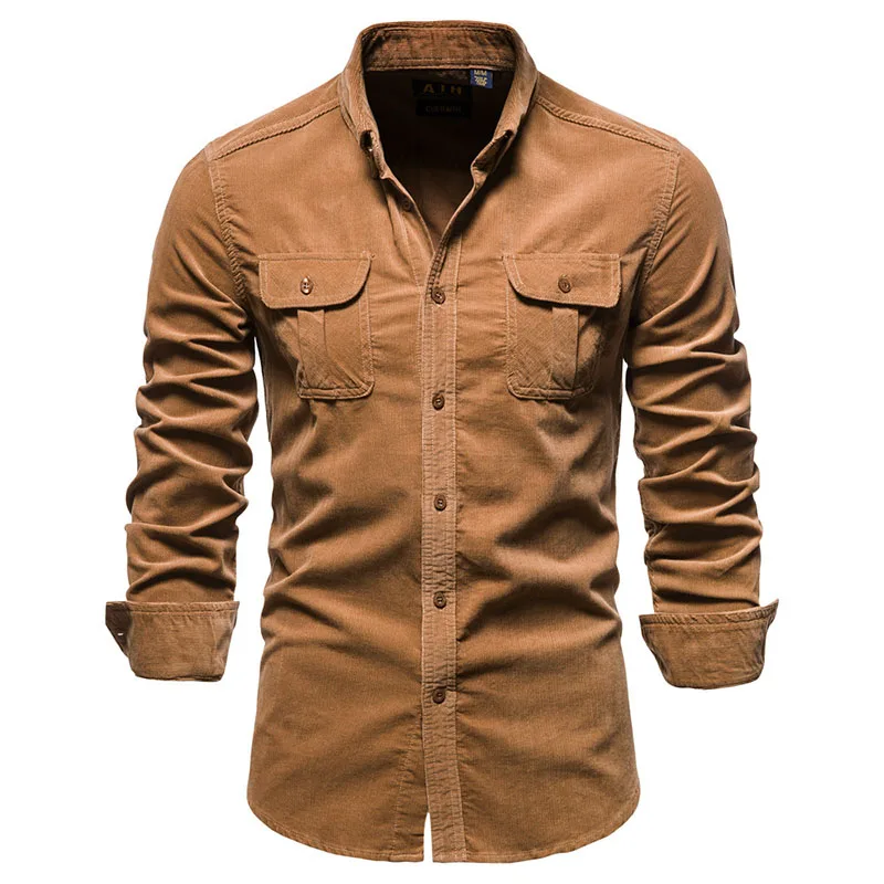 

Рубашка мужская Вельветовая с отложным воротником, повседневная сорочка из хлопка, деловой стиль, однотонная блуза Slim Fit в винтажном стиле, y2k, осень
