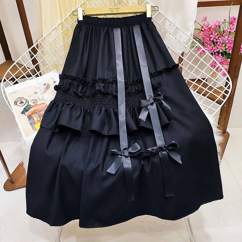 

Long Skirts For Woman Lace Spliced Bow Decorative Women 2024 Fall New High Waisted Mid Length Big Swing A Line Skirt