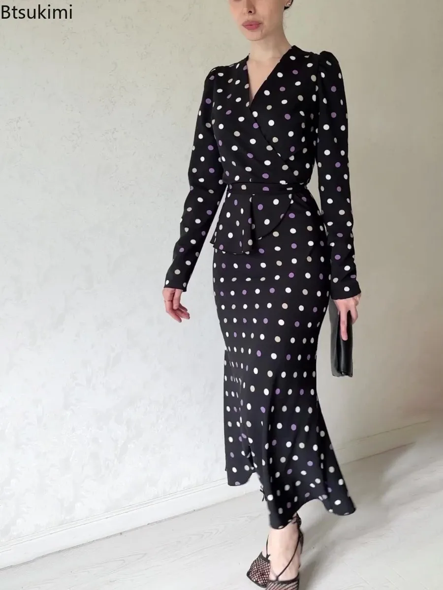 

Elegant and Pretty Women's Dresses 2024 New French Polka Dot V-neck Maxi Dress Women Fashion Slim Lace-up Waisted Hip Wrap Dress