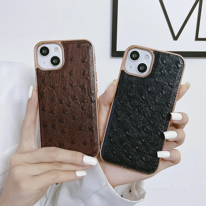 Luxury Genuine Leather Ostrich Grain Phone Case For iPhone 14 14 Pro Max 14 Plus Shockproof Plating Frame Protective Cover Coque
Luxury Genuine Leather Ostrich Grain Phone Case For iPhone 14 14 Pro Max 14 Plus Shockproof Plating Frame Protective Cover Coque