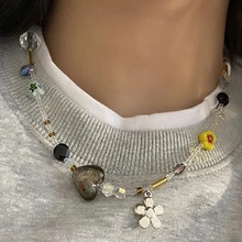 New Korean Flower Heart Beaded Necklace Women Crystal Class Gravel Clavicle Chain Cool Y2K Choker Exquisite Fashion Jewelry