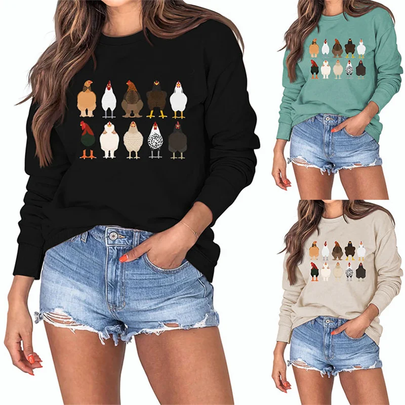 

New fashion women's cotton chicken print Thanksgiving casual trend retro round neck long sleeve shirt plus size hoodie