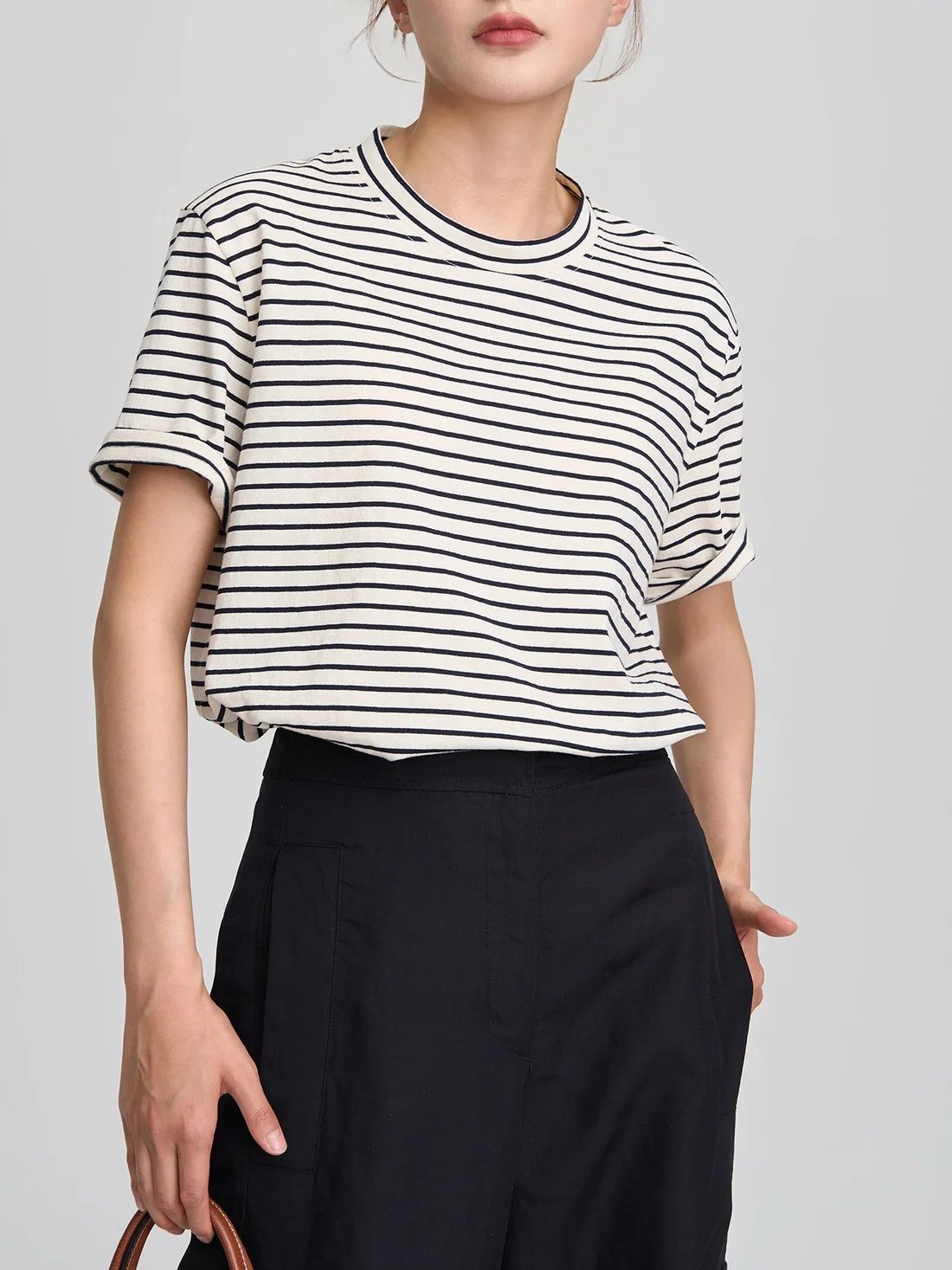 

Oversize Marine Tee Striped Short Sleeve T Shirt Crew Neck Contrast Women Cotton Essentials Tops