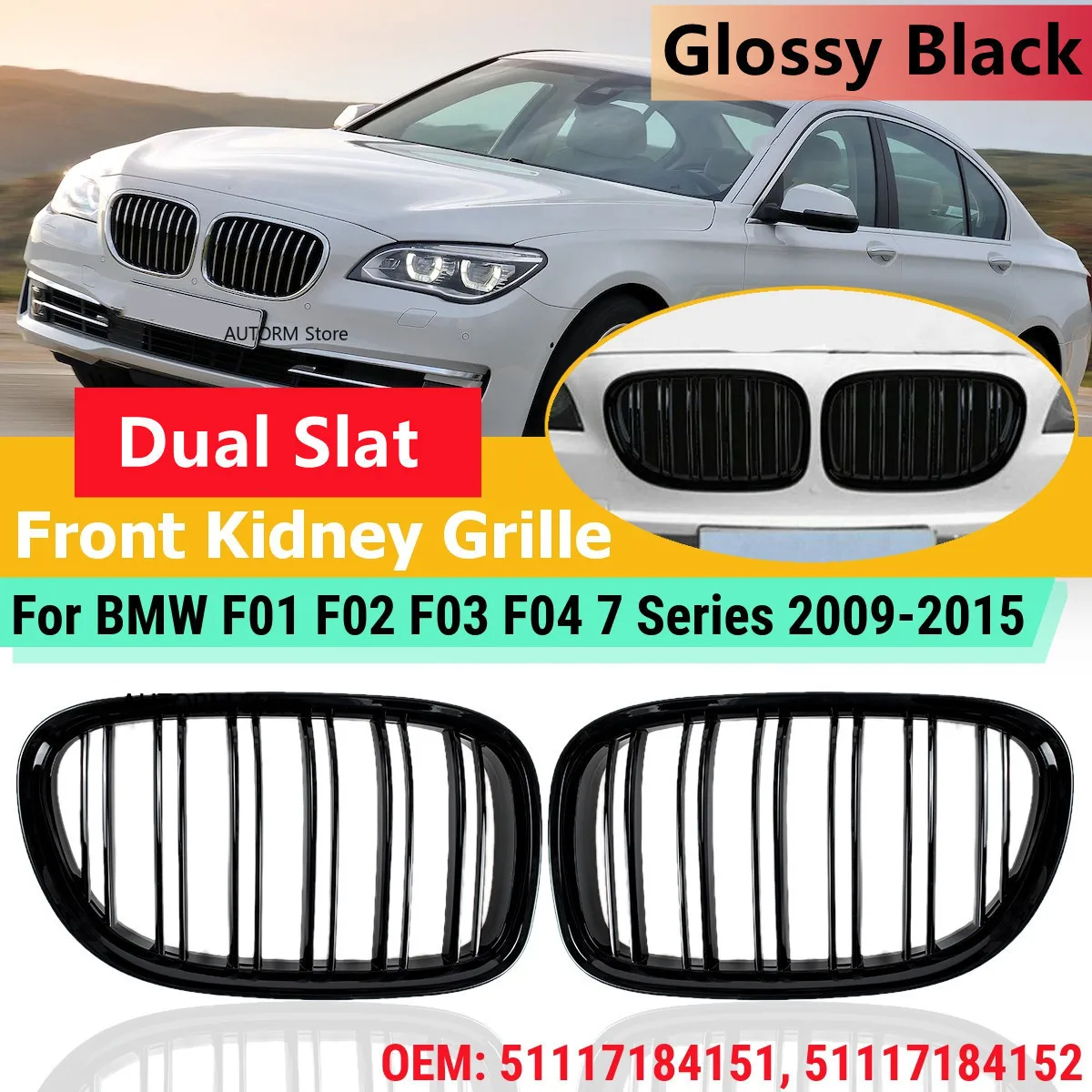 

Glossy Black Car Front Kidney Grille Dual Slat Grills For BMW 7 Series F01 F02 F03 F04 2009-2015 Front Grill Kidney Hood Grill