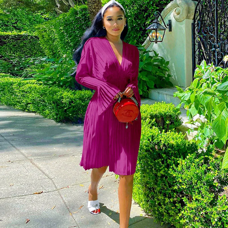 Autumn Long Flare Sleeve Pleated Elegant Dresses Women 2023 V-neck High Waist Knee-length Midi Dress Tunic Party Club Vestidos 
Autumn Long Flare Sleeve Pleated Elegant Dresses Women 2023 V-neck High Waist Knee-length Midi Dress Tunic Party Club Vestidos