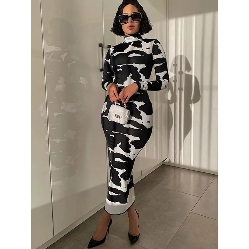 

2024 Long Sleeve Turtleneck Cow Print Maxi Dress Autumn Winter Women Fashion Party Club Sexy Outfits Clothing Dress