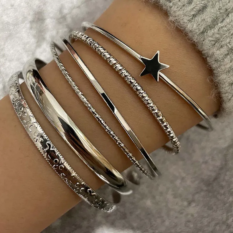

6pcs/set Star Bangles Bracelets for Women Simple Multilayer Geometric Opening Bangle Cuff Bracelet Punk Jewelry Set Accessories