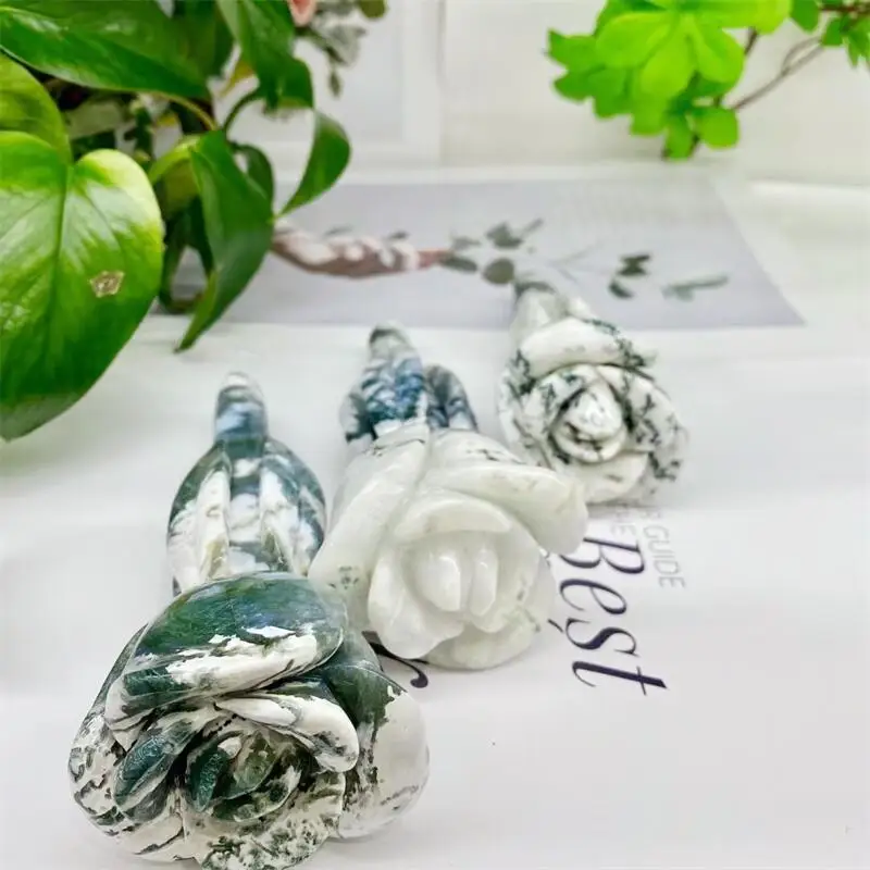 

Natural Moss Agate Rose Flower Carving Crystal Crafts Children Birthday Present Fashion Home Decoration Gift 1pcs