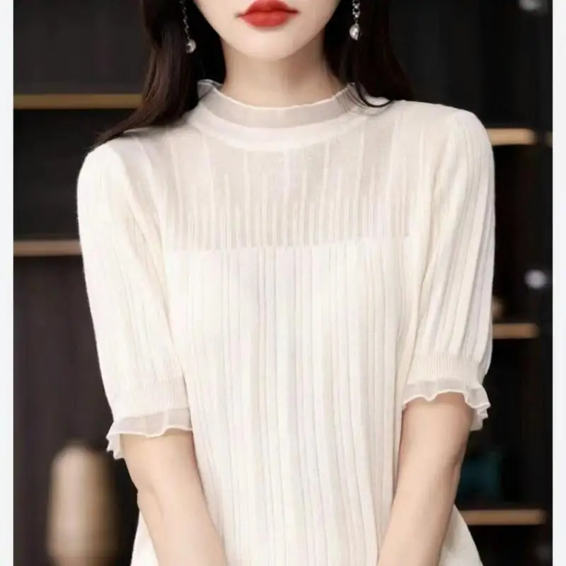 

All-match Fashion Hollow Out Knitted T-shirt for Female Summer Simplicity Commute Lace edged round neck Solid Color Tops