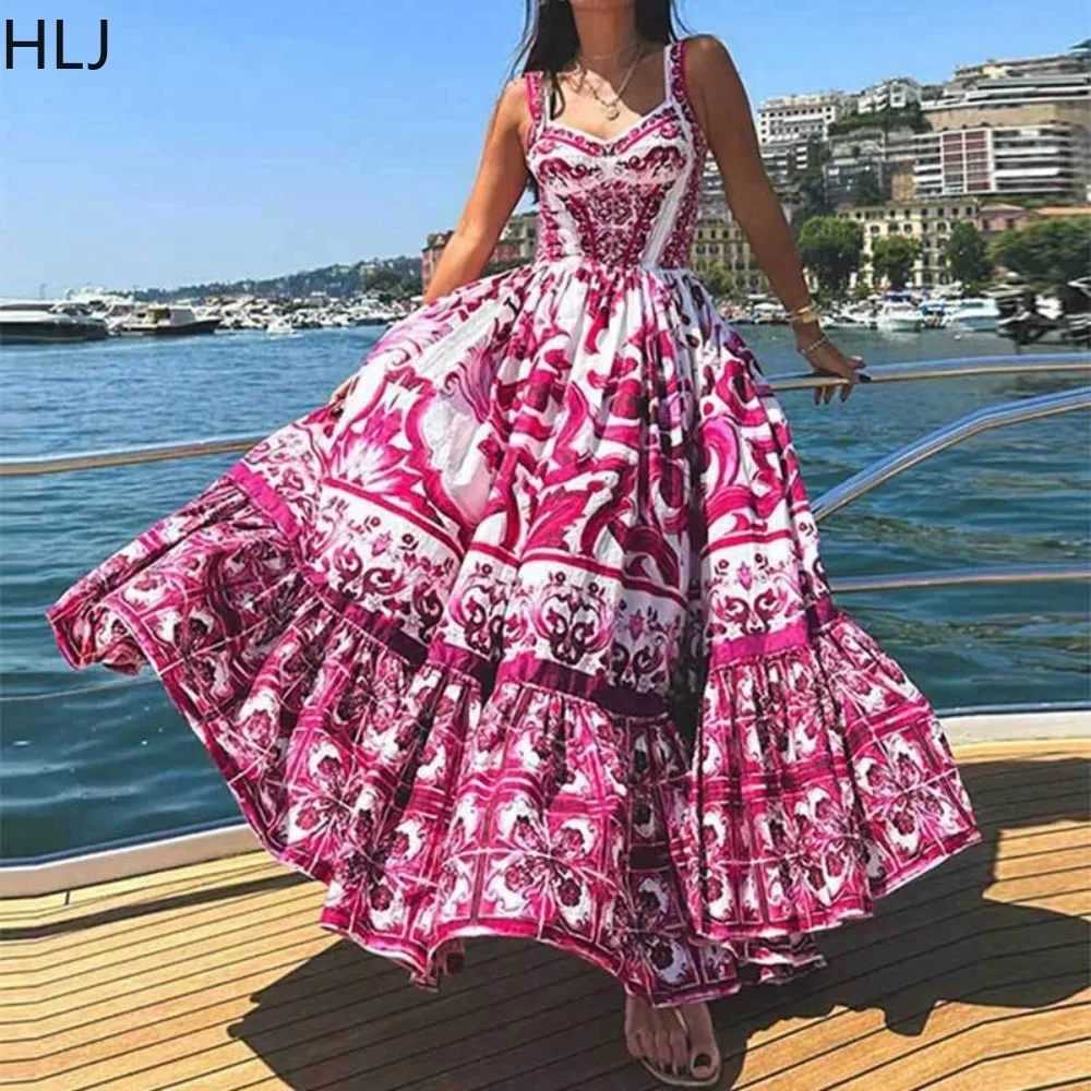 

HLJ Spring Vintage Print Ruched Aline Suspenders Dress Women V Neck Sleeveless Large Skirt Hem Vestidos Fashion Holidays Clothes