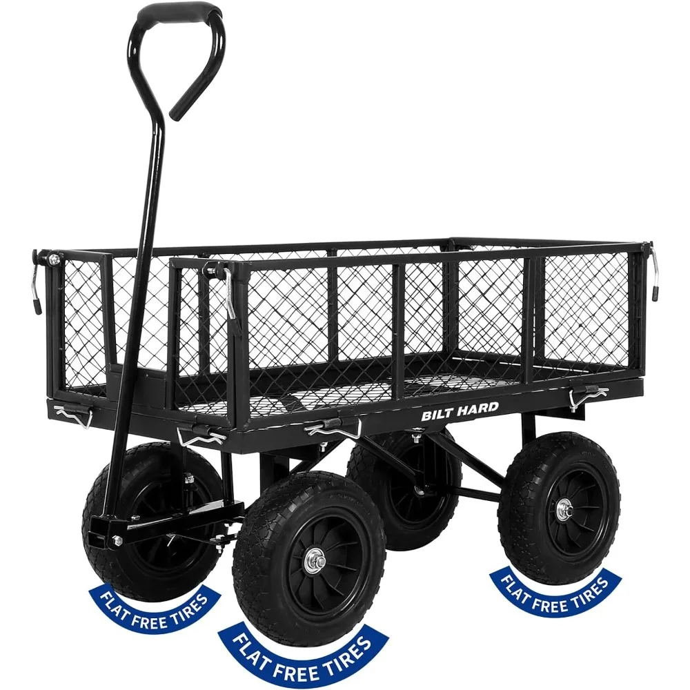 

400 Lbs 10" Flat Free Tires Steel Garden Cart with 180° Rotating Handle and Removable Sides, 4 Cu.Ft Capacity Utility Heavy
