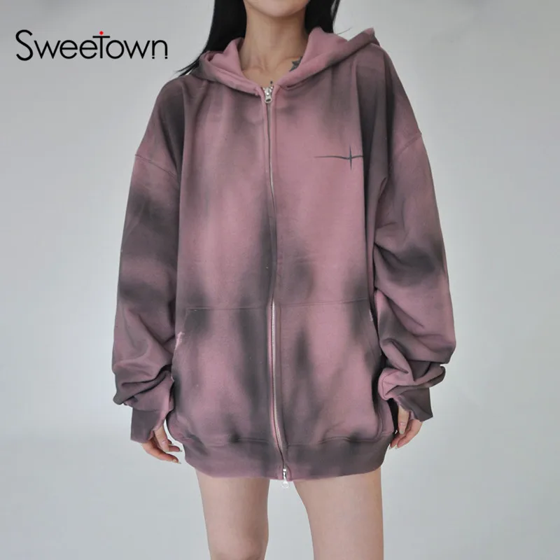

Толстовки Sweetown в стиле Харадзюку, розовые свитшоты оверсайз с принтом в стиле преппи, корейская мода, повседневная Свободная куртка на молнии на осень и зиму