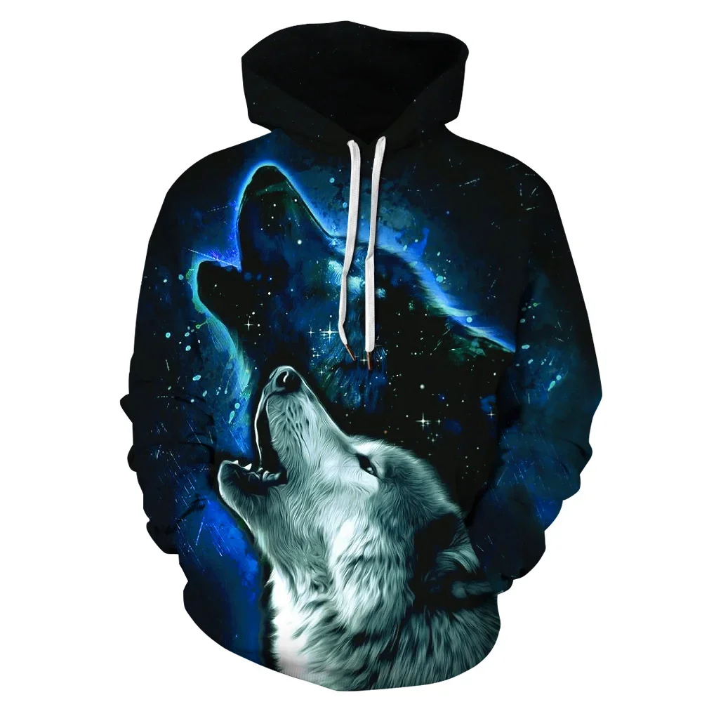 

2023 Spring and Autumn New Starry Sky Double Wolf Animal Pattern 3D Printed Long Sleeve Hoodie Men's Fashion Large Pullover