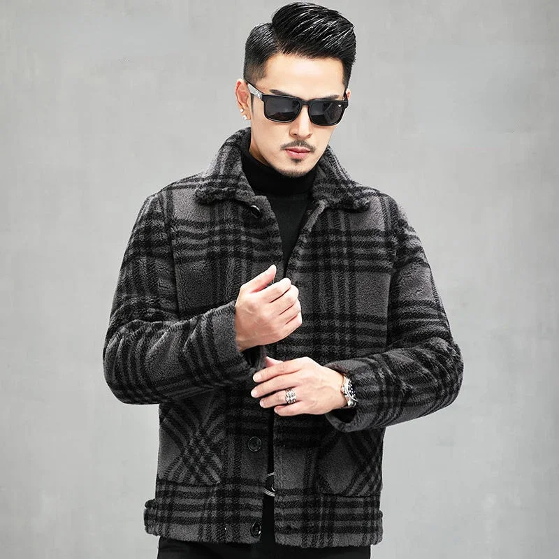 

Winter New Fur Woolen Plaid Coat Men Turn Down Collar Button Fashion Casual Jacket Outwear Thickening Plus Size Overcoat