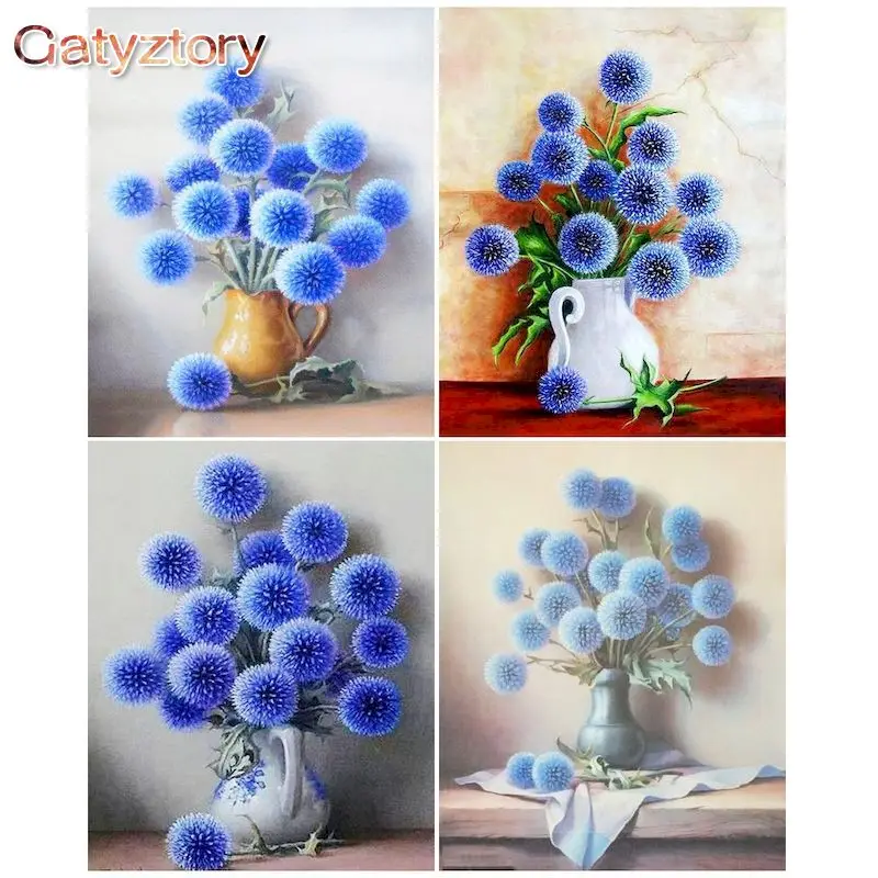 

GATYZTORY 40x50cm Paint By Numbers With Frame Blue Flowers Handpainted Diy Set Gift For Adults Number Painting Home Decors