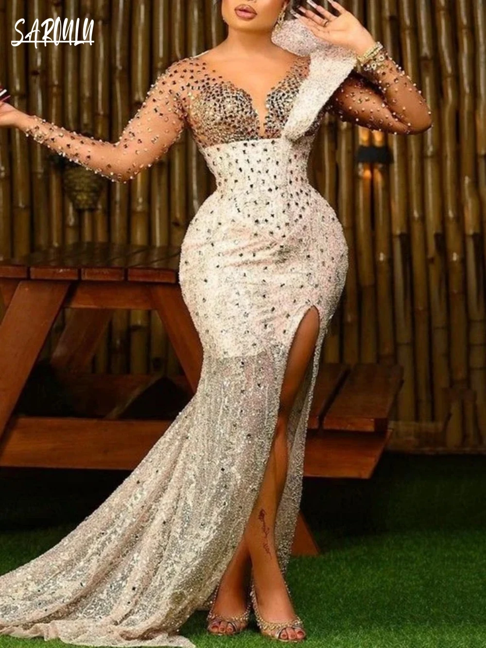V-neck Mermaid Evening Dress Shiny Split-Side Bride Robe Illusion Crystals Floor-length Bridal Dresses Vestidos De Novia
V-neck Mermaid Evening Dress Shiny Split-Side Bride Robe Illusion Crystals Floor-length Bridal Dresses Vestidos De Novia