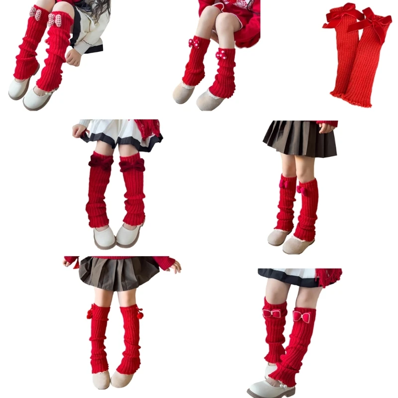 

Christmas Bowknot Leg Warmers for Girl Winter Autumn Leggings Festive Knee High Socks Knit Stockings Kids Warm Leggings P31B