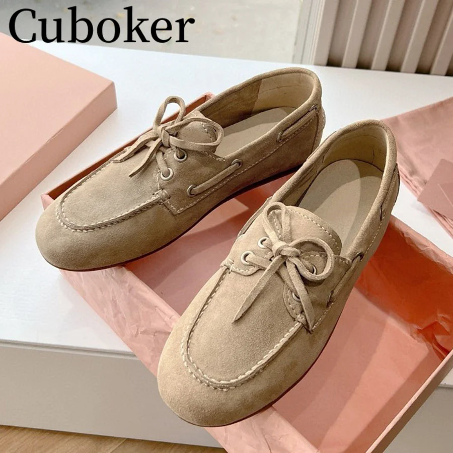 

2024 Spring Women Flat Causal Shoes Suede Lace up Loafers Runway Brand Ladies Walking Out Shoes Holiday Flats Shoes For Woman