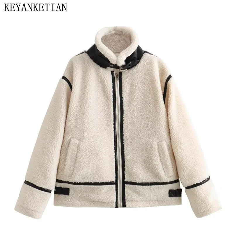 KEYANKETIAN Winter New Women's Thick Warm Lamb Wool Jacket Artificial Leather Patchwork Loose Padded Coat Zip-up Mock Neck Top
KEYANKETIAN Winter New Women's Thick Warm Lamb Wool Jacket Artificial Leather Patchwork Loose Padded Coat Zip-up Mock Neck Top