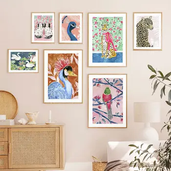 패션 추상 다채로운 북유럽 동물 포스터 레오파드 백조 공작 새 개 캔버스 회화 벽 장식, 거실 장식