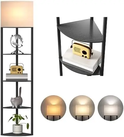 

5-Tier Floor Lamp with Shelves, 68.5 inch Standing Lamp with 4 Tier Wood Display Shelves and Linen Lampshade, 3 Color Temperatur