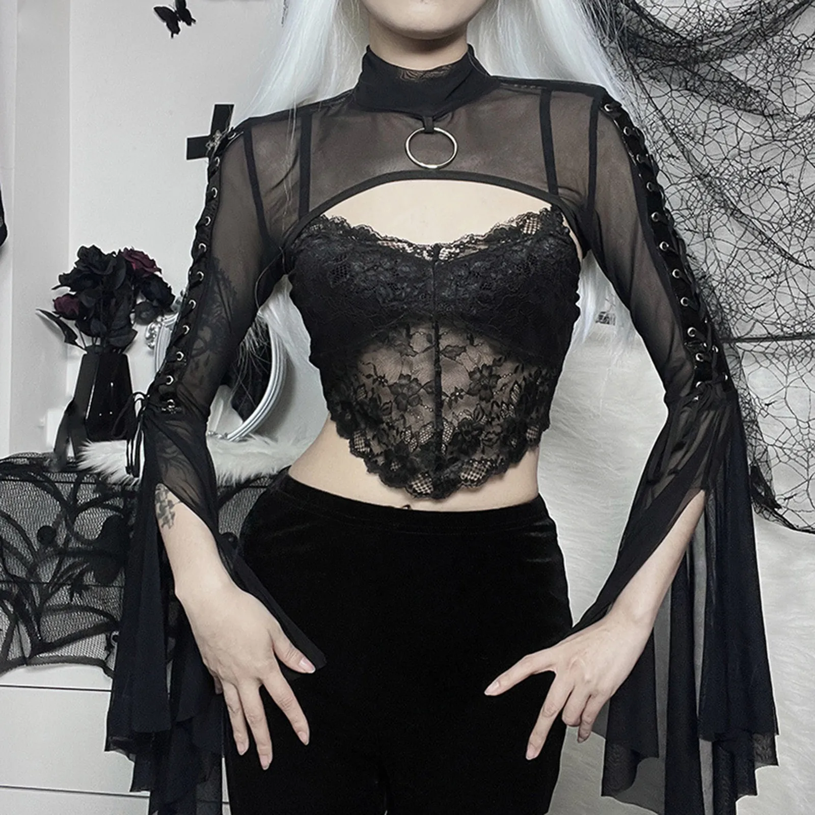 

Goth Lace T-Shirt Women Vintage Gothic Flare Sleeve Streetwear Harajuku Emo Alt Grunge Mesh Shrug Tops Transparent Smock Vest