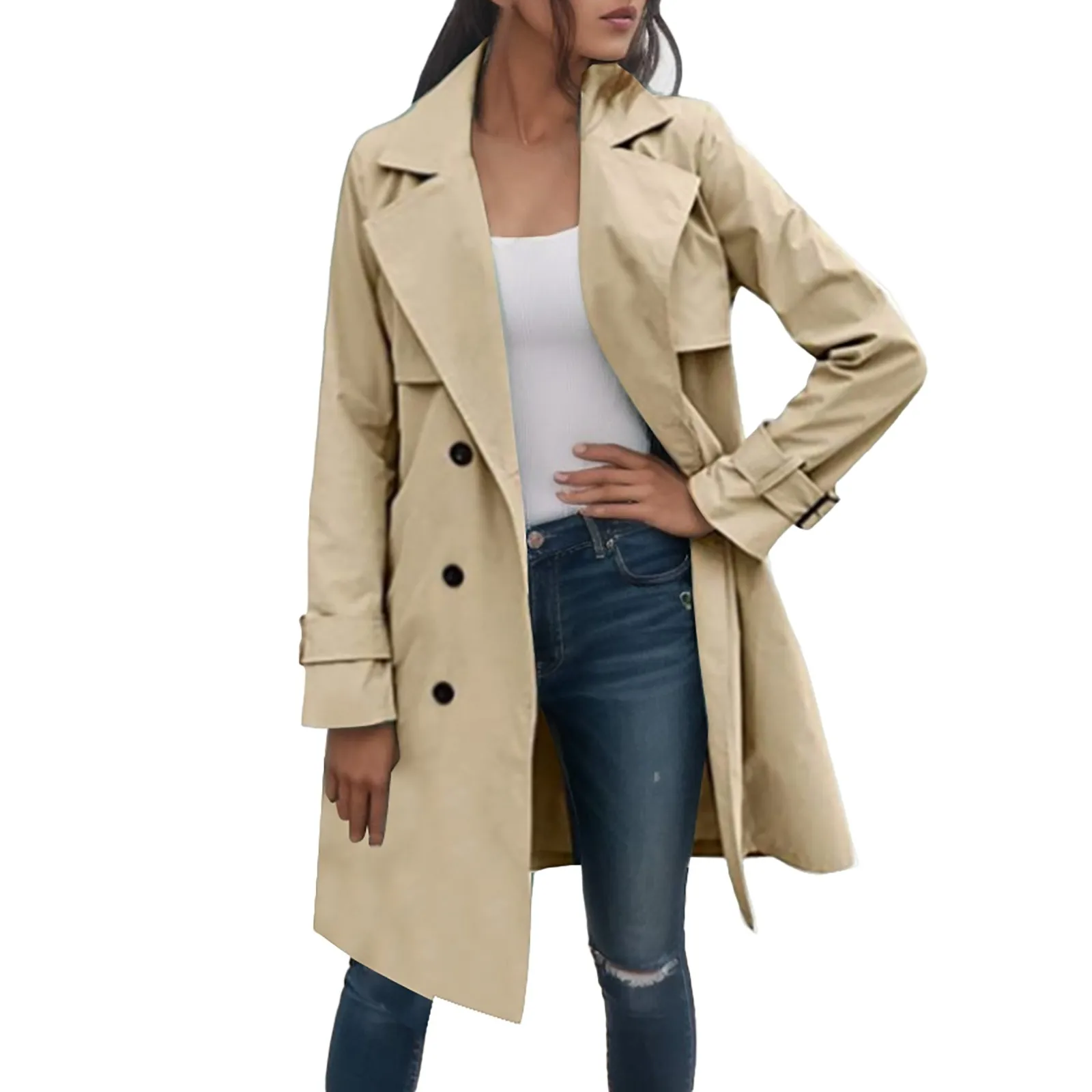 

Fashion Women Trench Casual Solid Color Coat Adult Elagant Fashion Long Sleeve Lapel Neck Double Breasted Belted Coat For Female