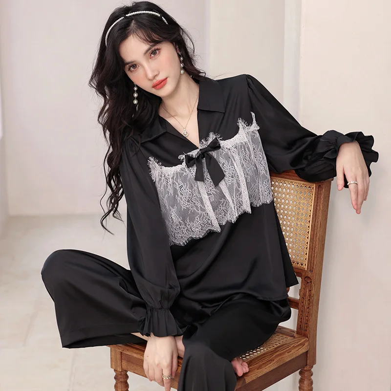 Пикантный кружевной пуловер с лацканами и аппликацией в виде банта, брюки, атласная пижама, 2 шт., Повседневная Свободная Пижама, мягкая одежда для сна, домашняя одежда 
Пикантный кружевной пуловер с лацканами и аппликацией в виде банта, брюки, атласная пижама, 2 шт., Повседневная Свободная Пижама, мягкая одежда для сна, домашняя одежда