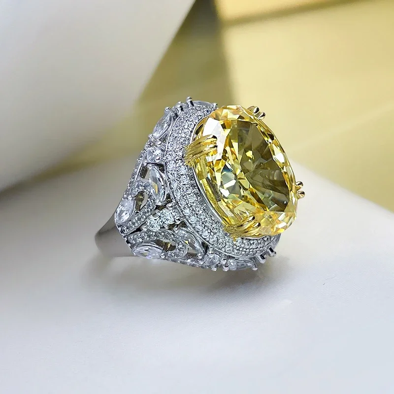 

14 Carat Yellow Diamond Ring Diamond 925 Sterling Silver European and American Micro Inlaid Index Finger Ring Wedding Jewelry