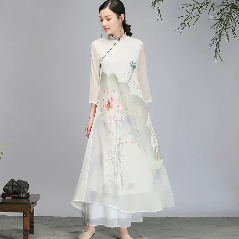 Vintage Ao Dai Vietnam Printed Chiffon Cheongsam Improve Suit Chinese Style Two Piece Set Women Long Tops Pant Suits Slim Casual
Vintage Ao Dai Vietnam Printed Chiffon Cheongsam Improve Suit Chinese Style Two Piece Set Women Long Tops Pant Suits Slim Casual