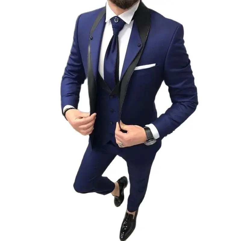 

Custom Suit for Men Slim Fit 3 Pieces Navy Blue Wedding Groom Blazers Tuxedos Groomsmen Party Dress Wear Tuxedo for Man Costume