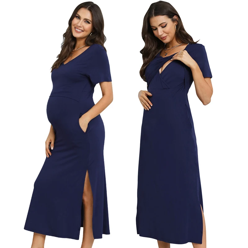 

Summer Nursing Dress Solid Short Sleeve Pregnant Women Baby Shower Breastfeeding Dresses Maternity Clothing Photoshoots