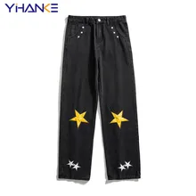 

YIHANKE Jeans Pentagram Embroidery Patch Men and Women The Same Loose Jeans Retro Casual Straight-leg Overalls Pantalones Hombre