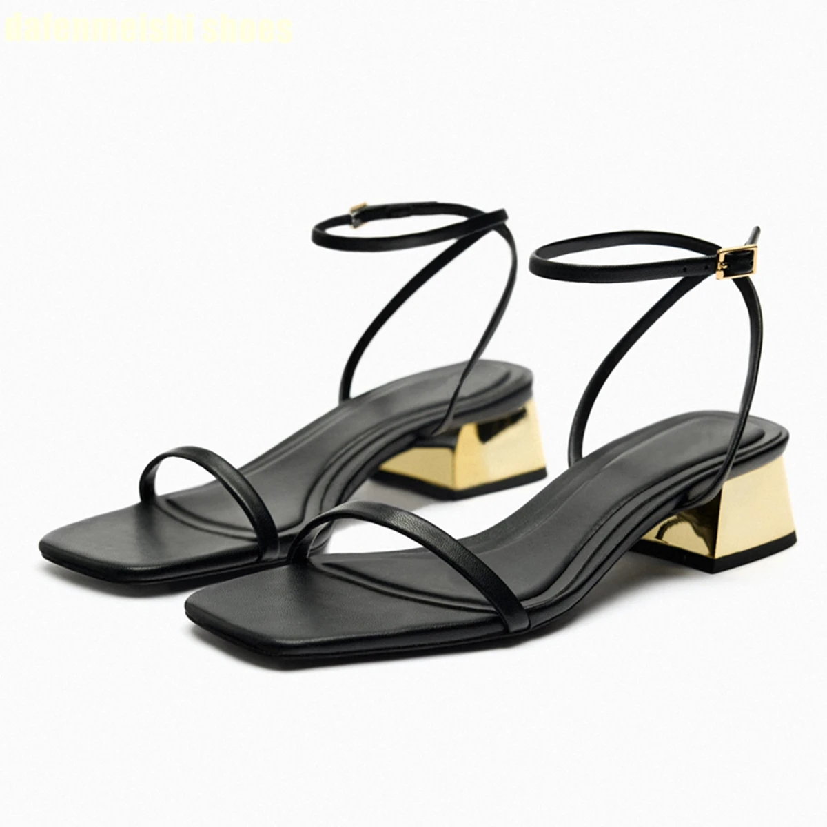 

Metal Chunky Heels Women Sandals 2024 New Summer Black Metal Ankle Strap High Heel Sandals Square Toe Slingback Fashion Sandales