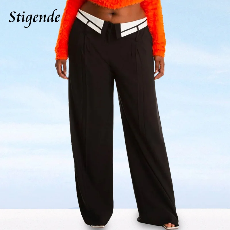 

Stigende Women Turn Down Collar Straight Wide Leg Pants Stylish Patchwork Loose Palazzo Pants Waist Tab Button Baggy Trousers