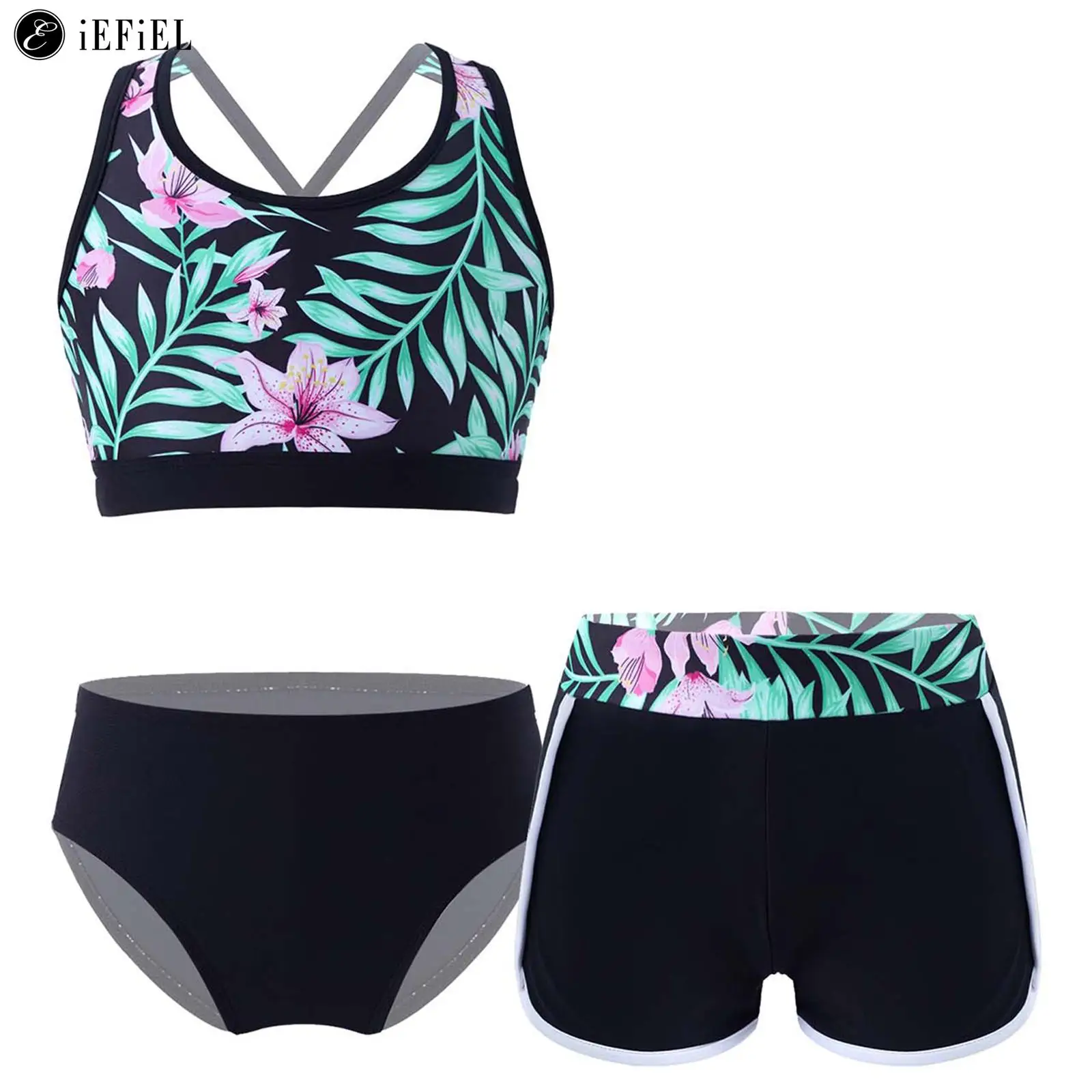

Kids Girls 3 Pieces Tankini Set Floral Print Criss Cross Back Crop Tops with Boyshort Bottoms Beach Sport Swimwear Bathing Suit