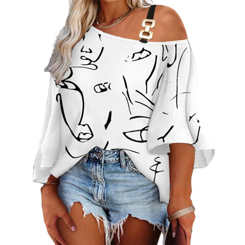 

Fashion Batwing Sleeve Top Women Autumn New Slant Neck Shoulder Straps Splicing T-Shirt Elegant Print Loose Casual Commuter Tees