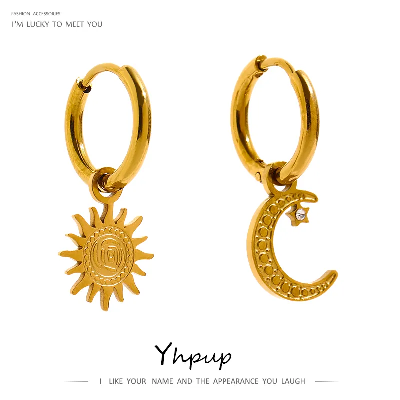 

Yhpup Trendy Star Moon Asymmetry Drop Stainless Steel Gold Color Texture Hoop Earrings Statement Charm Jewelry for Women Gift