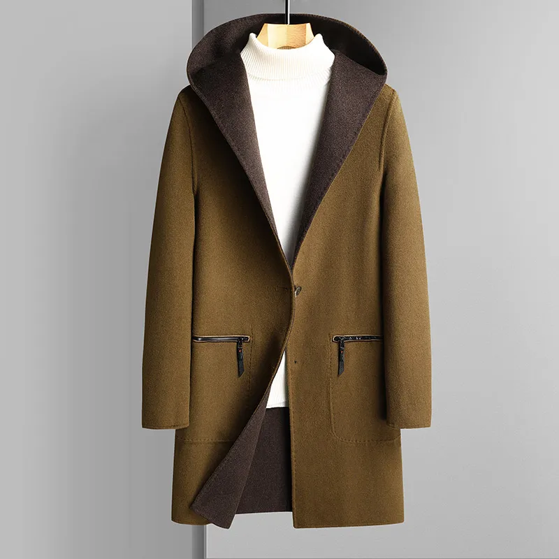 

VOLALO 2024 Korean Winter Men Cashmare Wool Hooded Overcoat Reversible Wear Design Sheep Woollen Coat Male Elegant Oufits